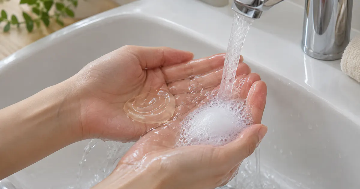 Bàn tay rửa sạch kết cấu gel và bọt bằng nước ấm