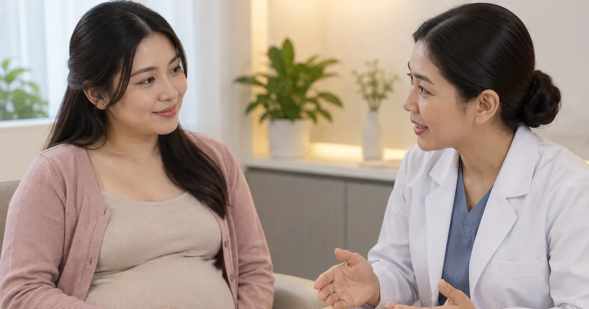 Người mang thai hỏi nhân viên y tế về lựa chọn gel và bọt