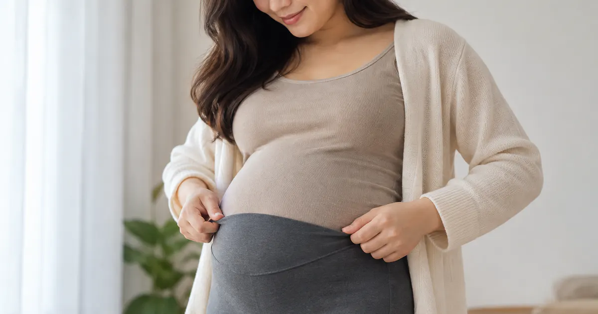 Mẹ bầu kiểm tra cạp quần vừa vặn và không siết bụng