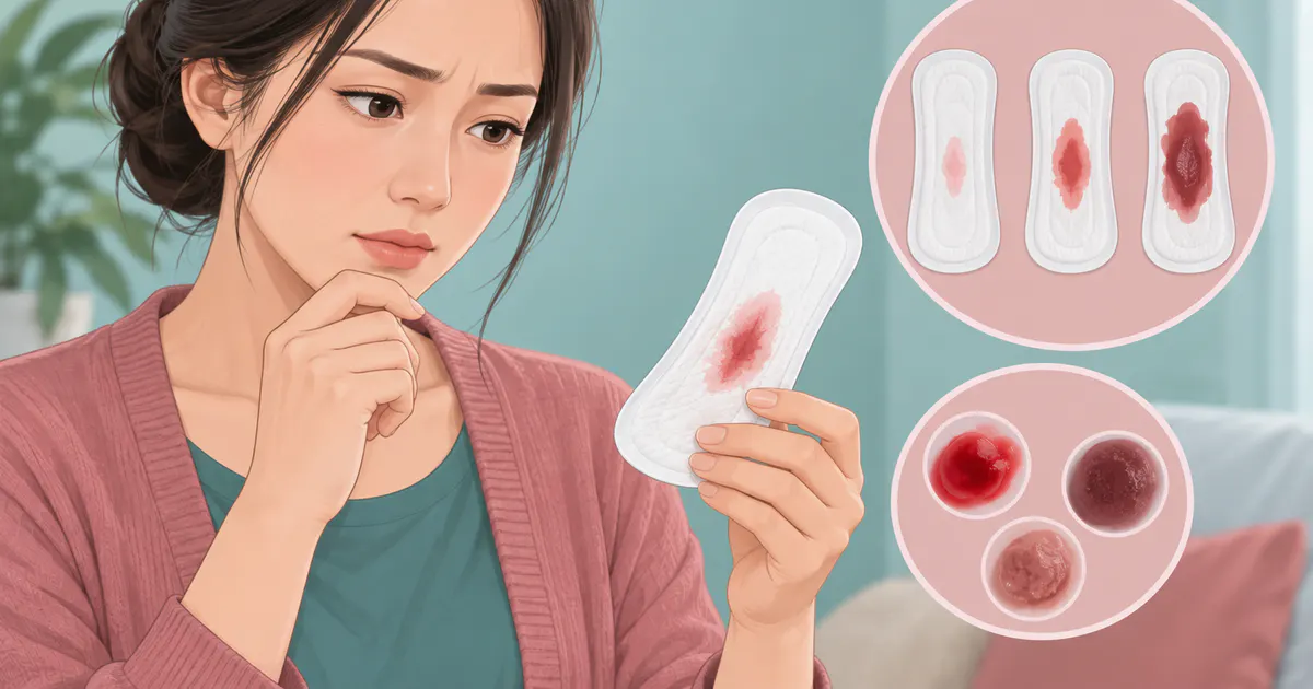 Minh họa phụ nữ quan sát lượng máu ngoài kỳ kinh bằng băng vệ sinh ngoài