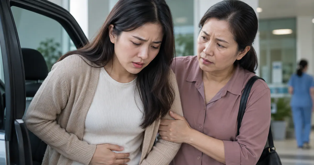 Người phụ nữ được hỗ trợ đi khám khẩn khi ra máu kèm đau và choáng