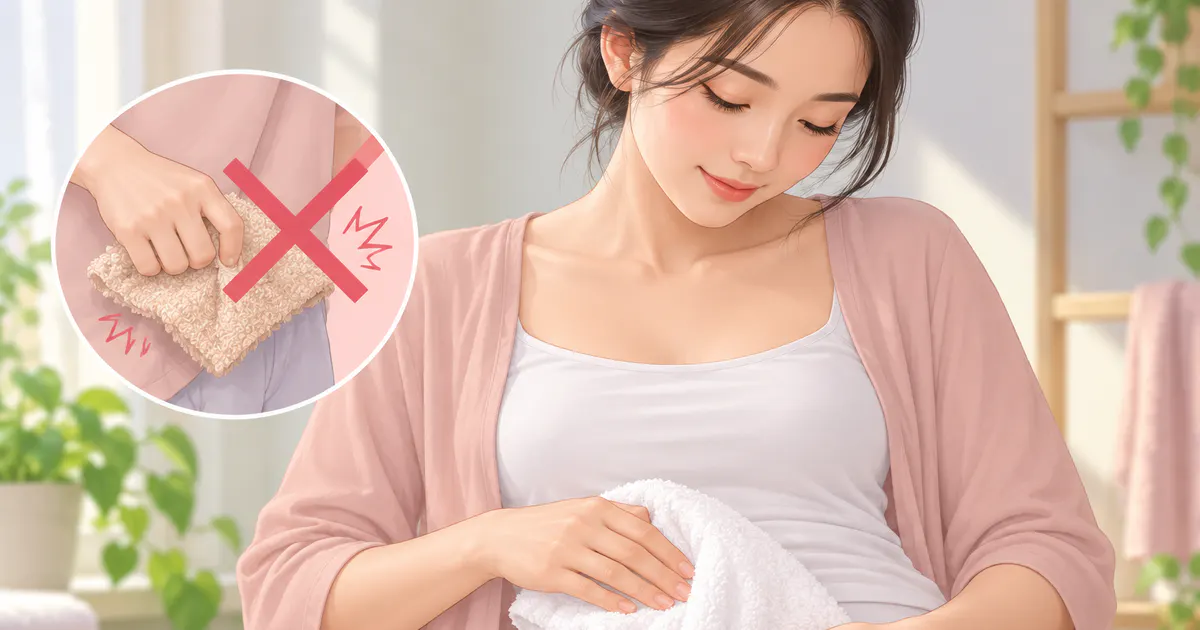 Minh họa cách tránh chà xát và lau khô nhẹ nhàng để giảm kích ứng vùng âm hộ