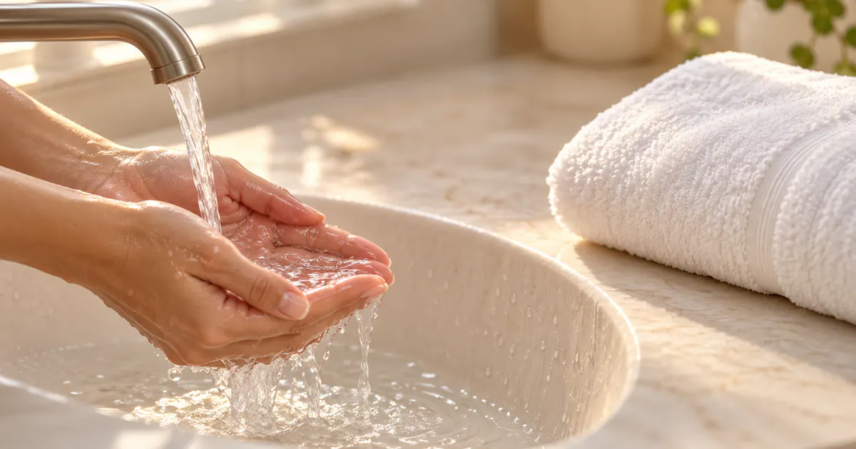 Rửa tay bằng nước sạch để chăm sóc nhẹ nhàng khi âm hộ bị khô do sản phẩm vệ sinh