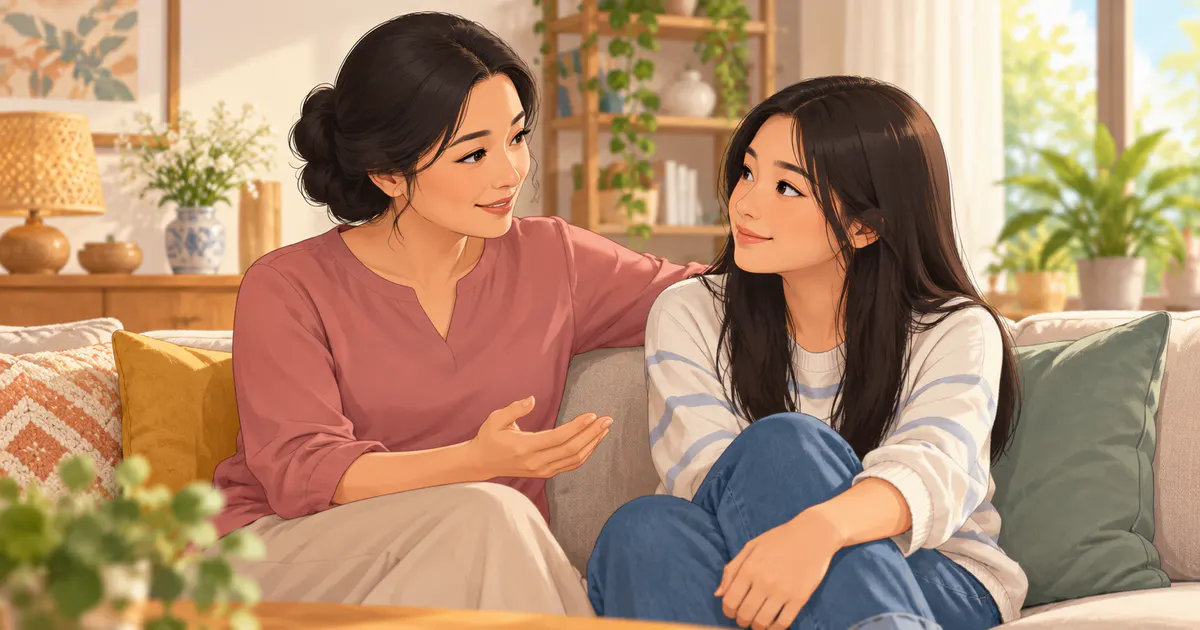 Mẹ trò chuyện nhẹ nhàng với bé gái về khí hư và chăm sóc vùng kín tuổi dậy thì