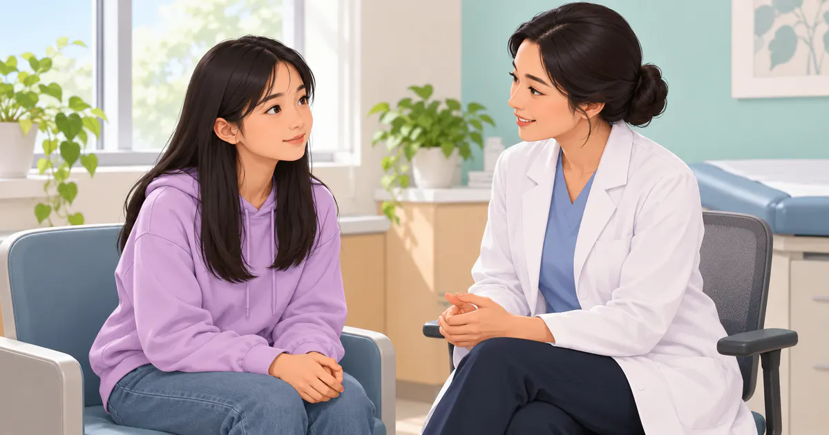 Bé gái trao đổi với nhân viên y tế về dấu hiệu khí hư bất thường