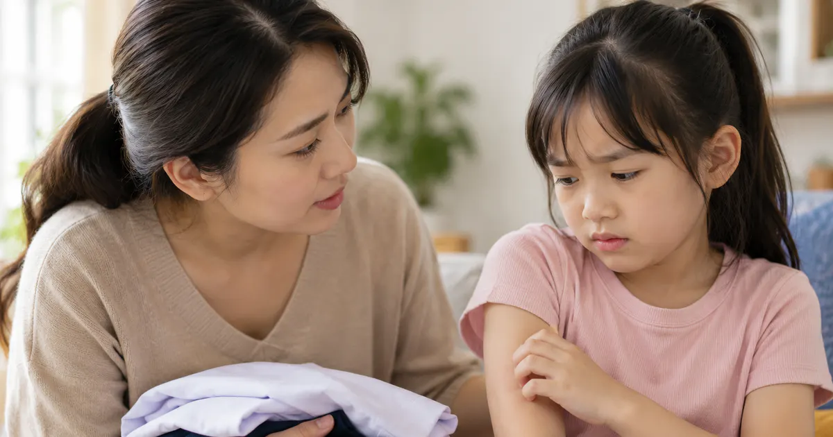 Bé gái bị ngứa sau khi mặc quần áo đồng phục cả ngày đang được mẹ hướng dẫn thay đồ sạch