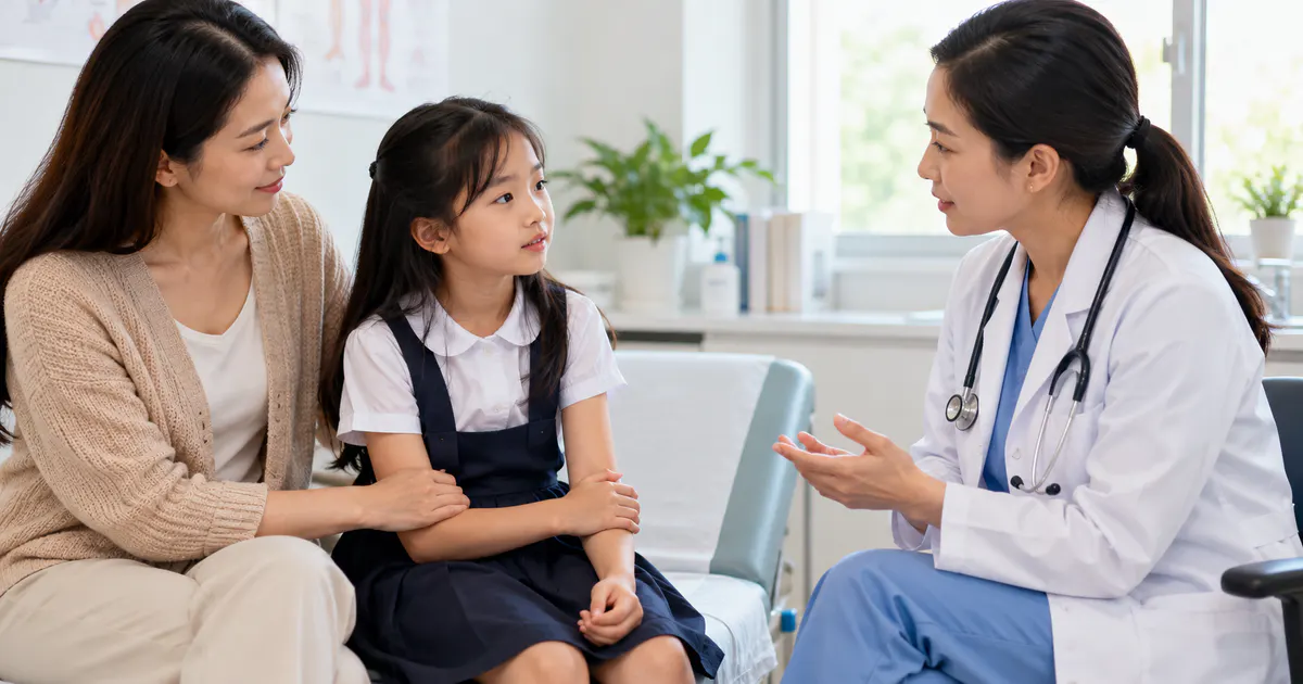 Mẹ và bé gái trao đổi với bác sĩ khi tình trạng khó chịu kéo dài