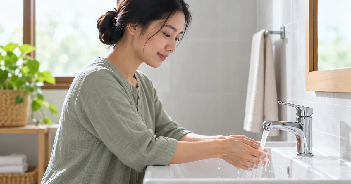 Người phụ nữ rửa tay bằng nước sạch