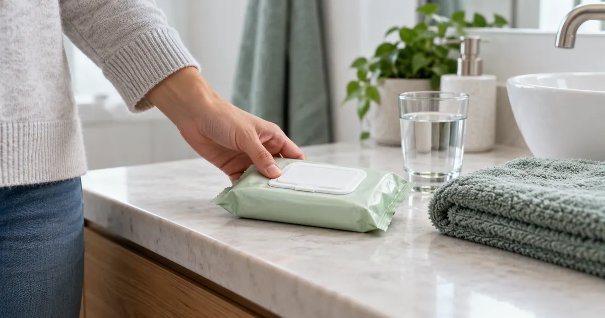 Đặt gói khăn ướt cạnh khăn mềm và nước sạch