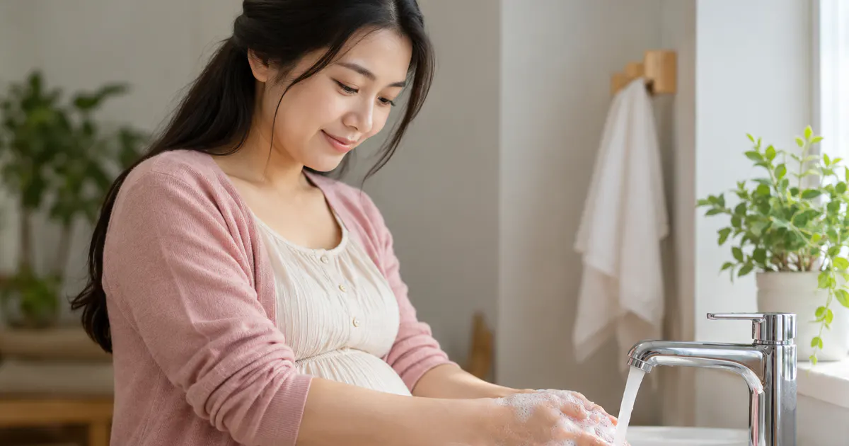 Mẹ bầu rửa tay trước khi vệ sinh vùng kín dịu nhẹ