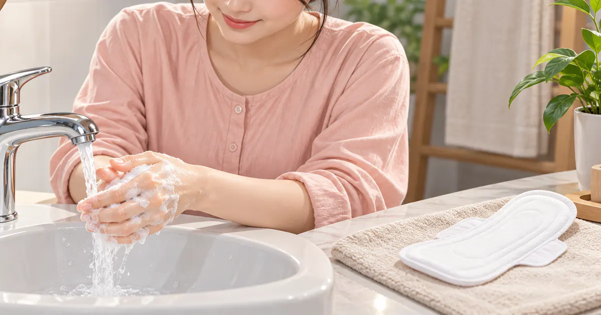 Minh họa rửa tay và thay băng vệ sinh đúng cách cho da nhạy cảm
