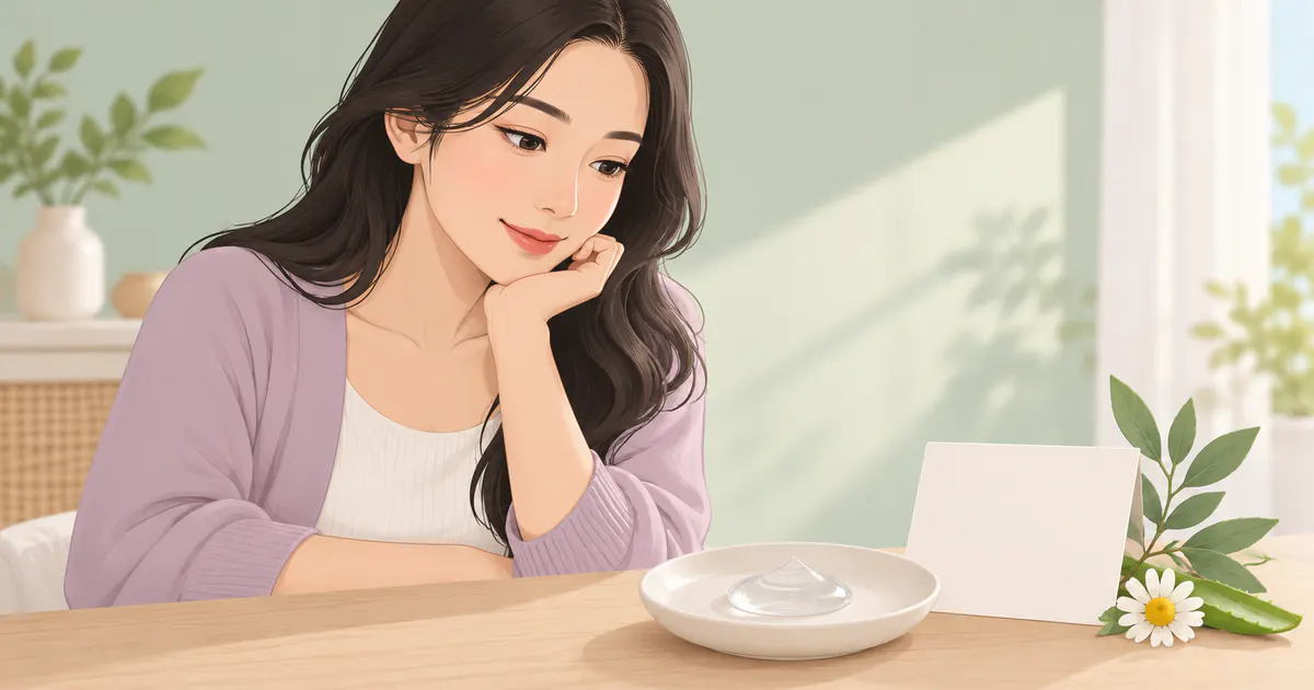 Minh họa người phụ nữ cân nhắc công thức chất bôi trơn đơn giản cho da nhạy cảm