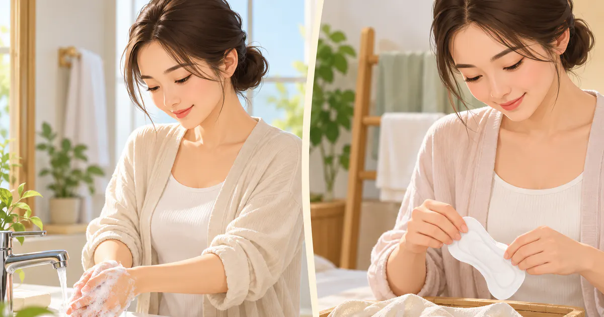 Minh họa rửa tay trước khi thay miếng lót hằng ngày