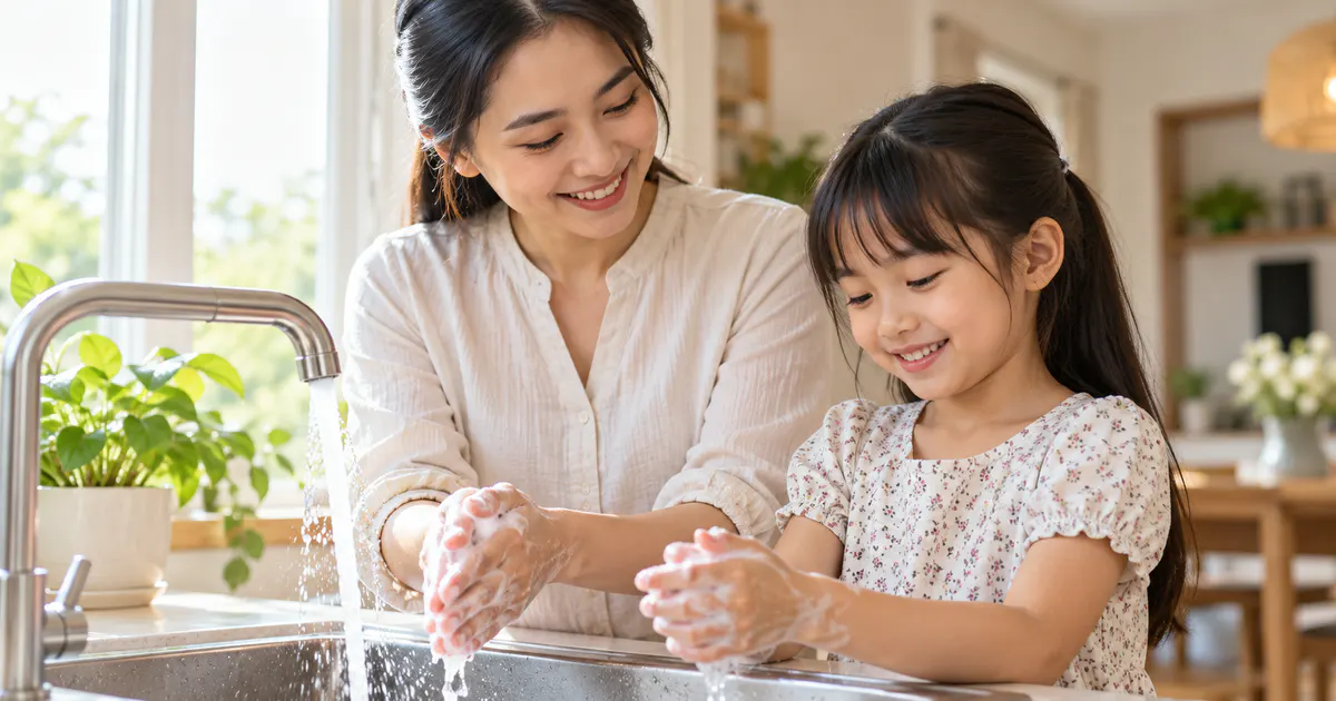 Mẹ hướng dẫn con gái rửa tay nhẹ nhàng