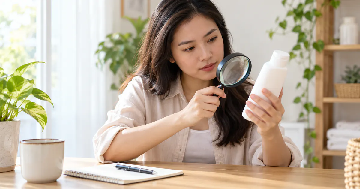 Người phụ nữ xem kỹ nhãn chai sản phẩm chăm sóc cá nhân