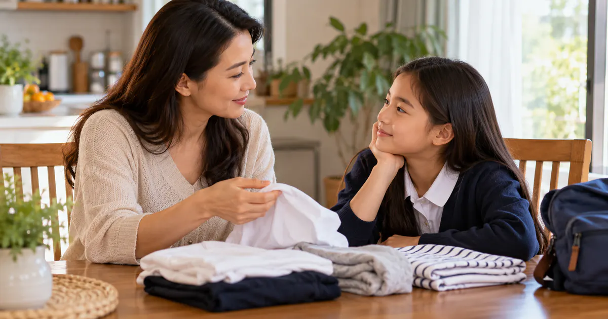 Mẹ trò chuyện với con gái về chuẩn bị đồ lót sạch khi ở trường