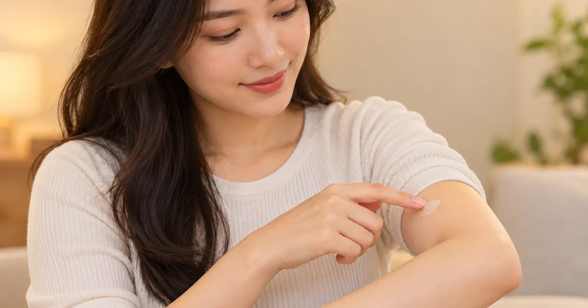Minh họa thao tác thoa một lượng nhỏ sản phẩm mới lên vùng da phù hợp để theo dõi phản ứng