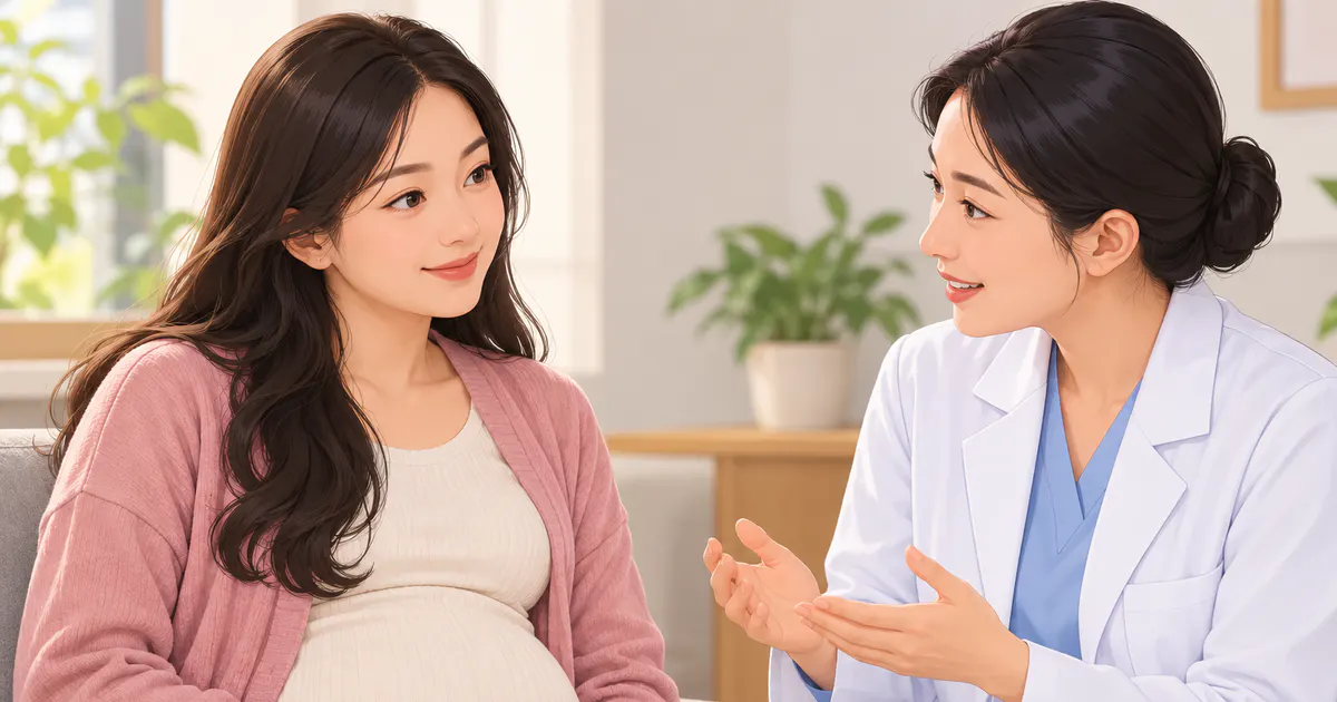 Thai phụ mặc kín đáo trao đổi với nhân viên y tế về việc thử sản phẩm chăm sóc vùng kín mới
