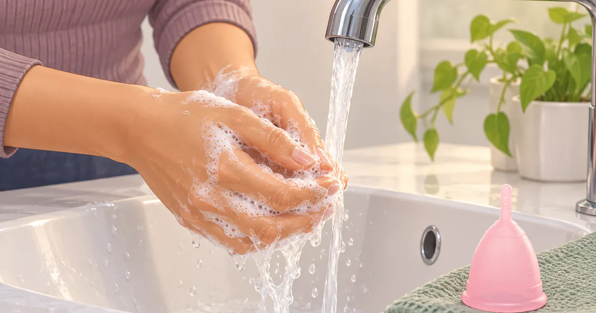 Minh họa rửa tay và chuẩn bị cốc nguyệt san trước khi vệ sinh tại nhà