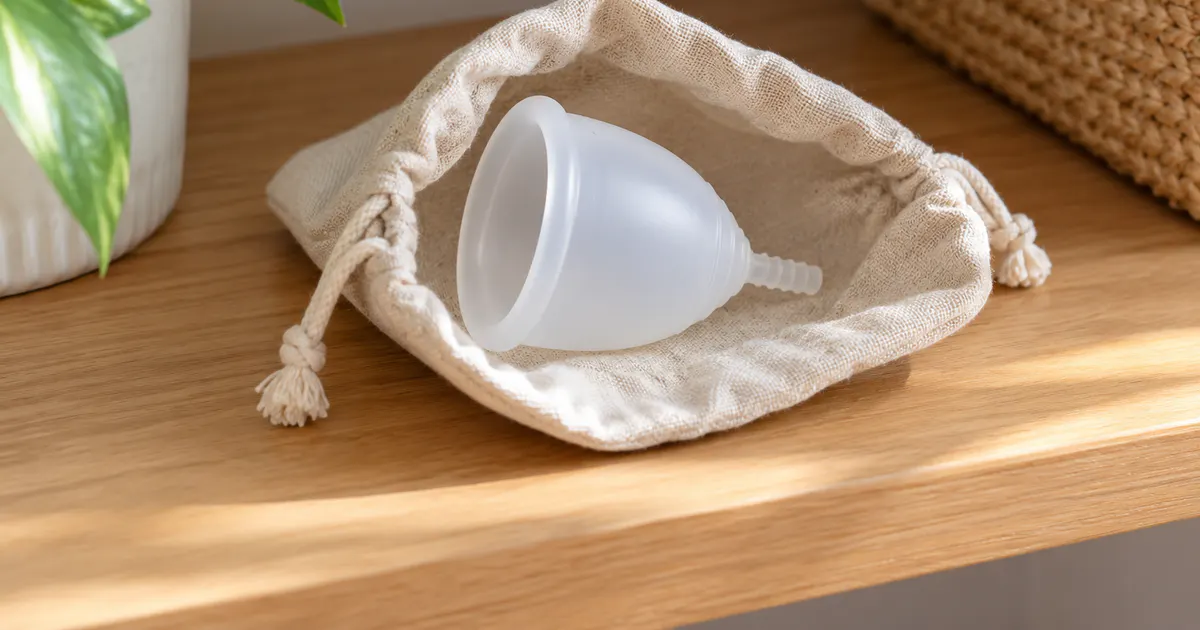 Cốc nguyệt san khô được bảo quản trong túi vải thoáng khí giữa các kỳ kinh