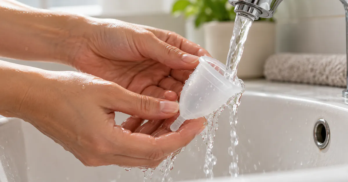 Rửa cốc nguyệt san dưới vòi nước sạch để tránh sai lầm khi vệ sinh