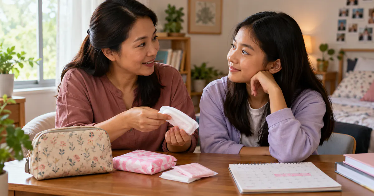 Mẹ và con gái trò chuyện, chuẩn bị vật dụng cho kỳ kinh đầu tiên