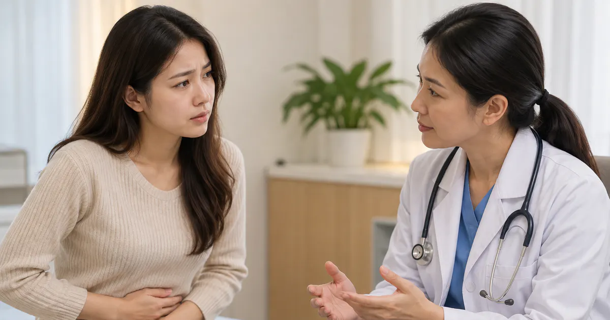 Phụ nữ trao đổi với bác sĩ về đau bụng dưới kèm khí hư bất thường nên khám chuyên khoa nào