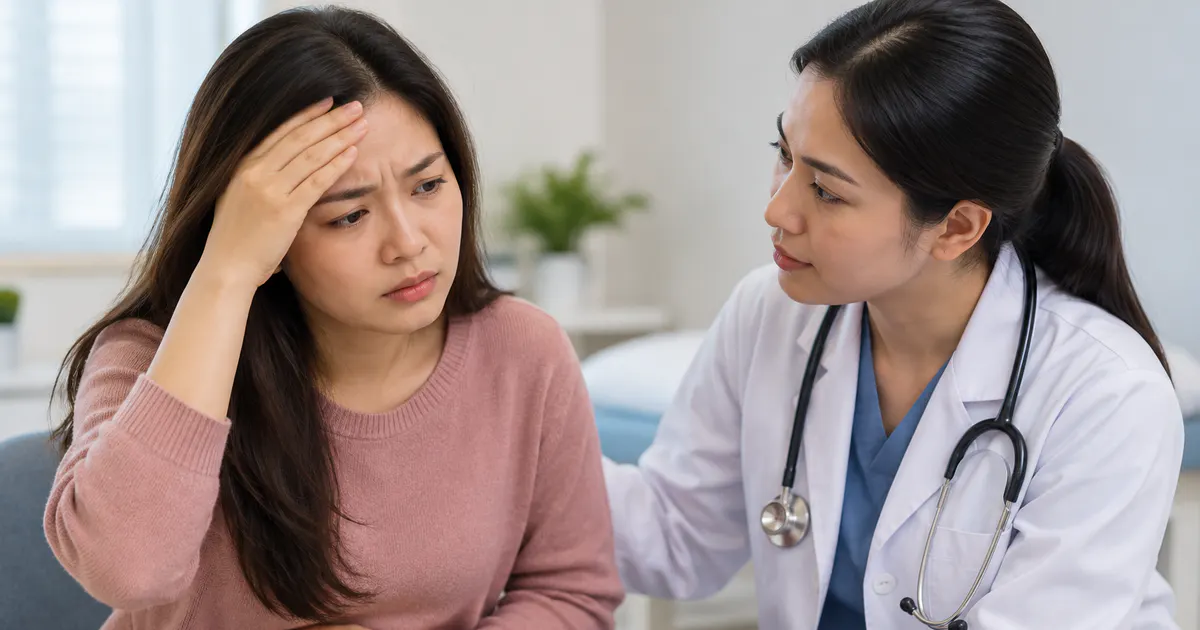 Người phụ nữ được nhân viên y tế tư vấn về dấu hiệu cảnh báo