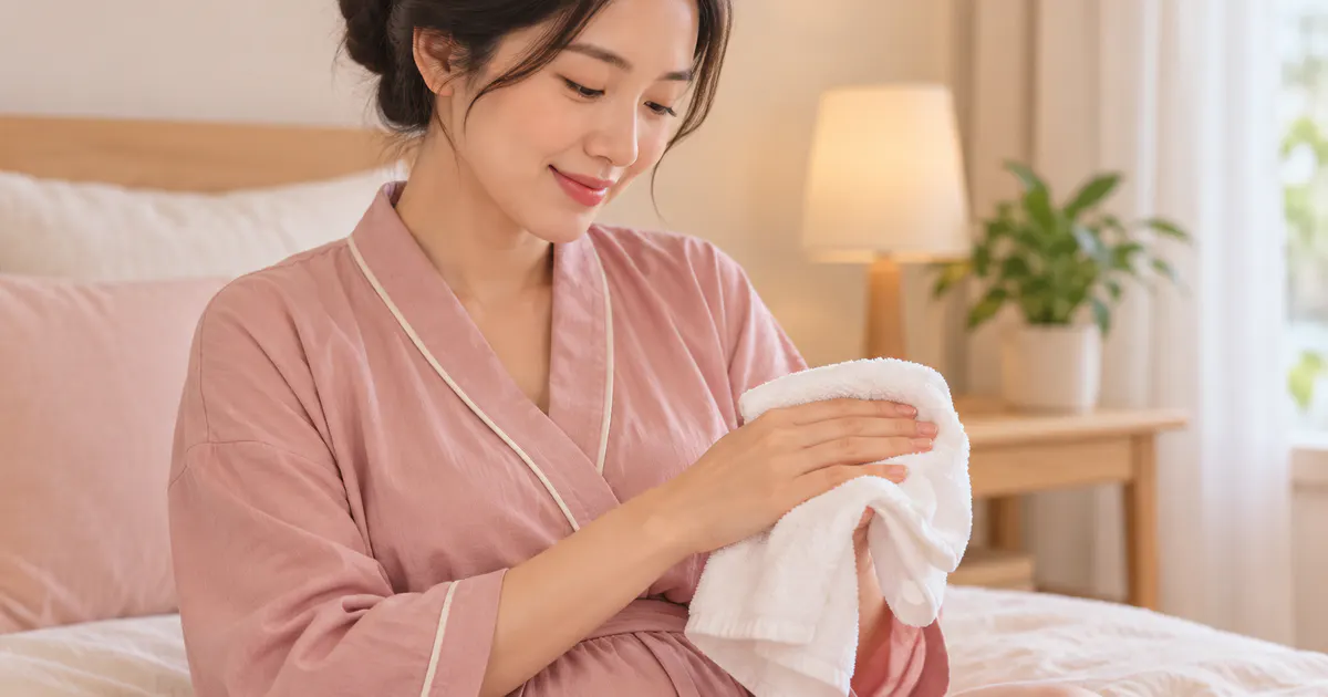 Minh họa phụ nữ sau sinh lau khô nhẹ nhàng sau khi vệ sinh