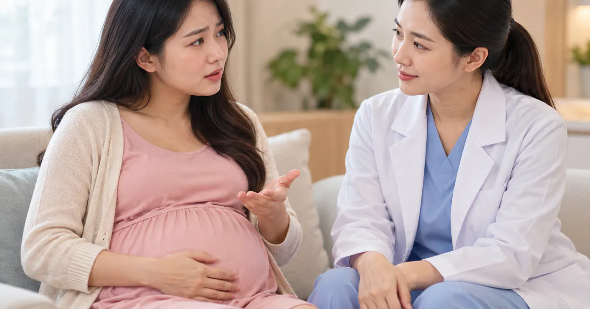 Phụ nữ mang thai trao đổi với nhân viên y tế về khí hư có mùi bất thường