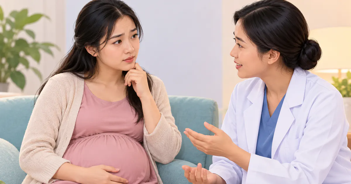 Minh họa mẹ bầu trao đổi diễn biến triệu chứng với nhân viên y tế