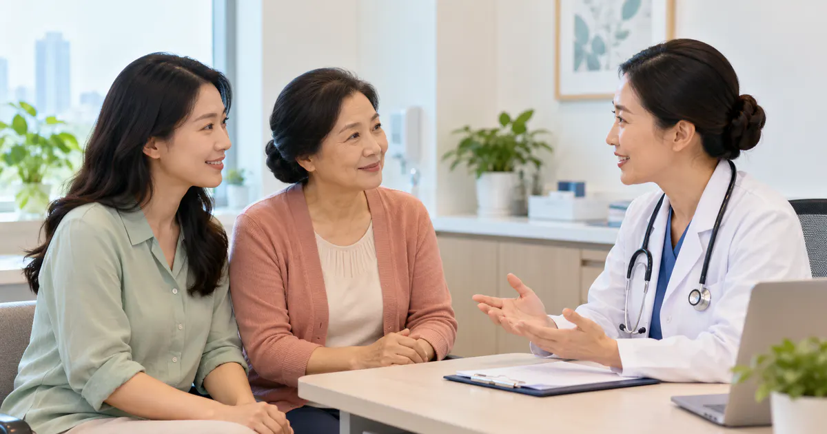 Mẹ và con gái trao đổi với bác sĩ trong phòng khám