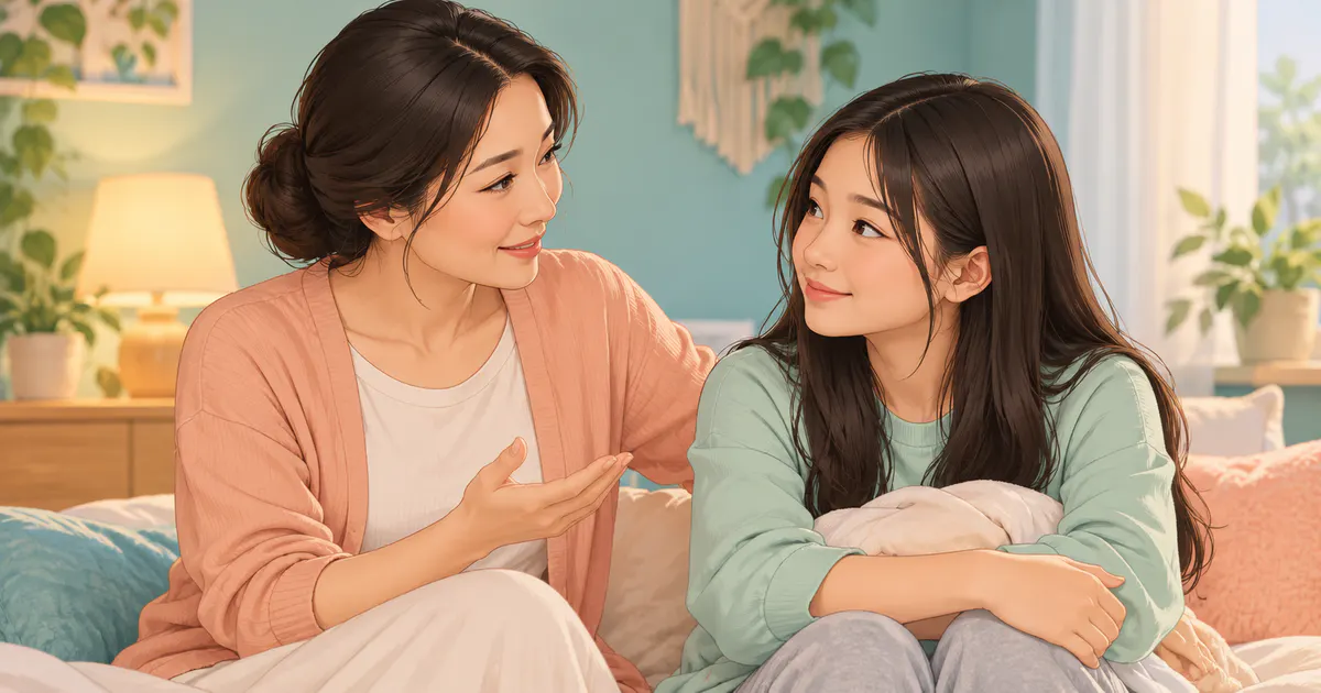 Mẹ và con gái trao đổi nhẹ nhàng về những thay đổi mùi cơ thể ở tuổi dậy thì