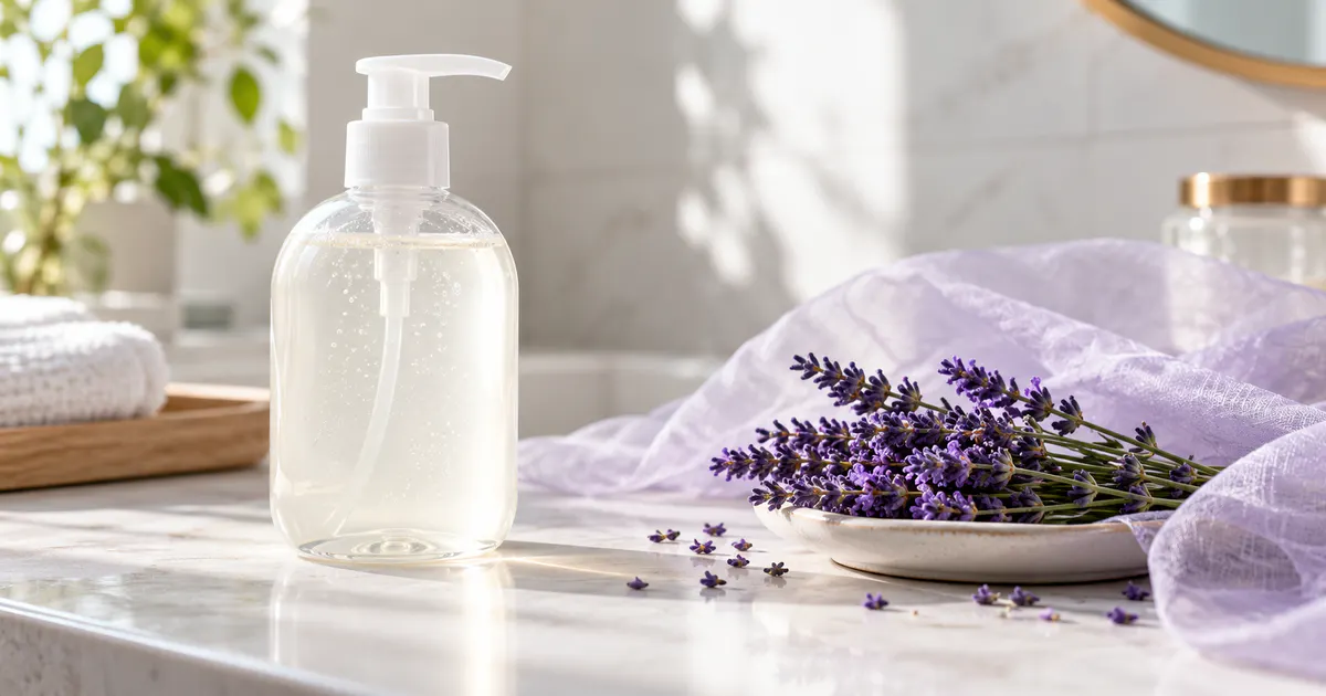 Chai dung dịch chăm sóc dịu nhẹ bên cạnh hoa oải hương, gợi ý cân nhắc hương liệu cho da nhạy cảm