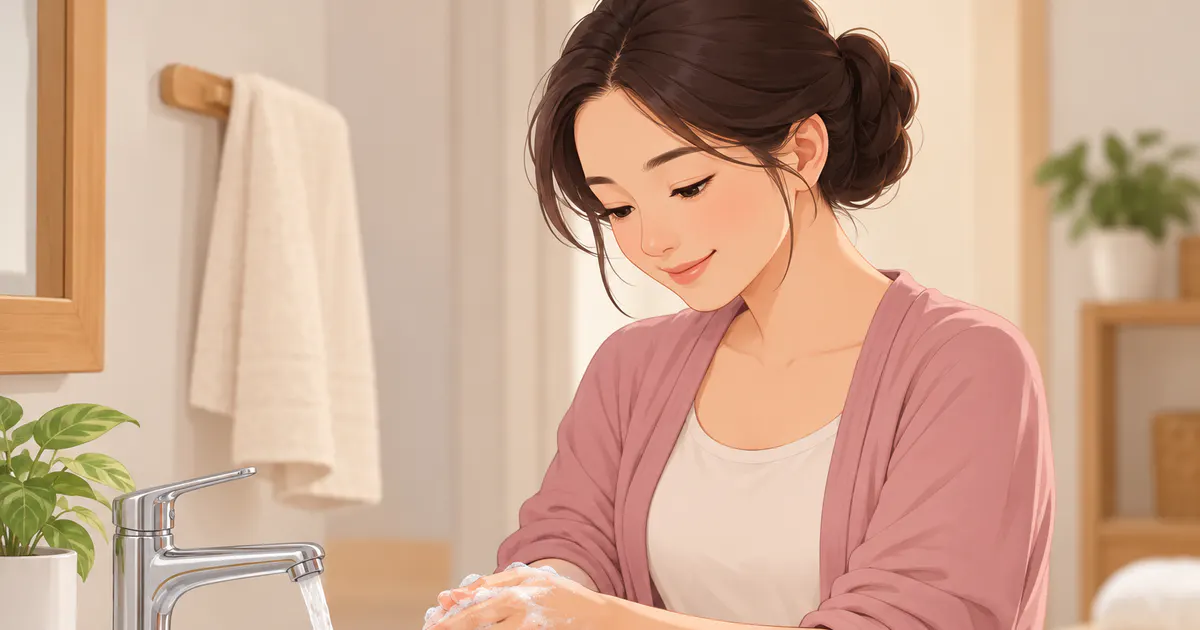 Mẹ sau sinh rửa tay trước khi vệ sinh vùng kín tại nhà