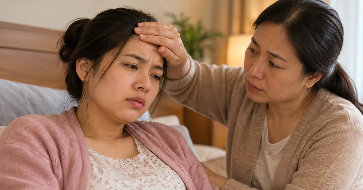 Mẹ sau sinh được người thân hỗ trợ khi có sốt và đau cần đi khám