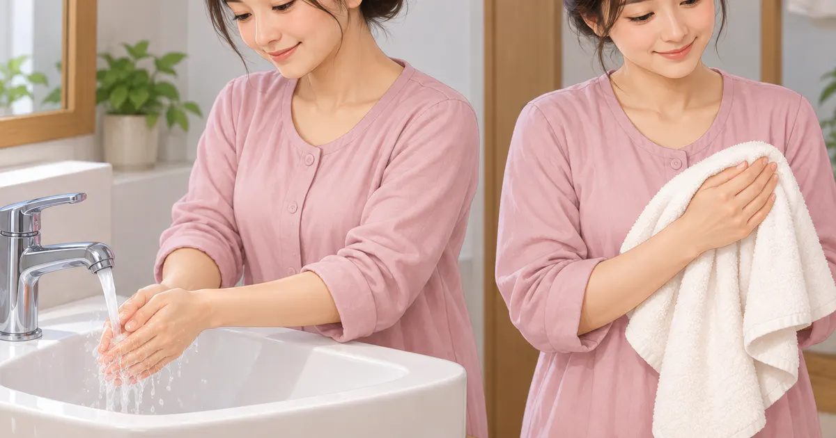 Minh họa vệ sinh tay và chăm sóc vùng kín sau sinh nhẹ nhàng