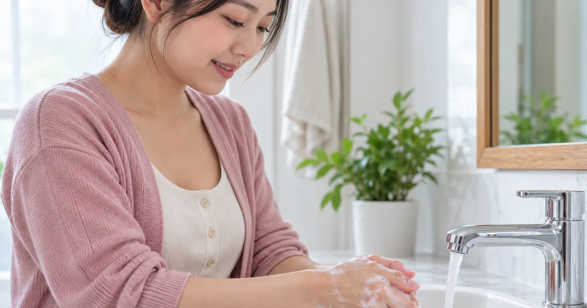 Mẹ sau sinh rửa tay trước khi vệ sinh vùng kín