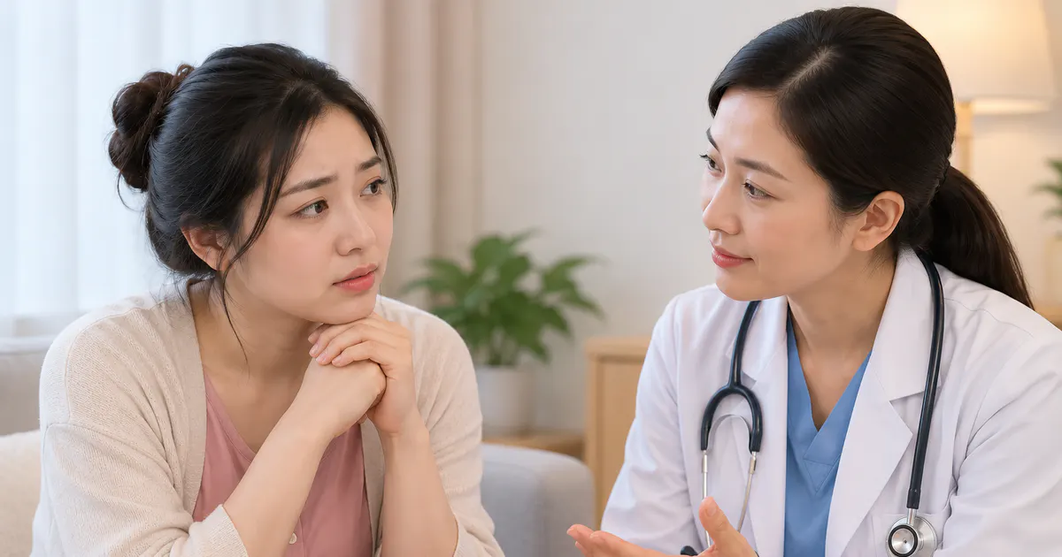 Minh họa mẹ sau sinh hỏi bác sĩ về dấu hiệu cần đi khám