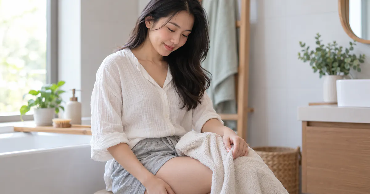 Phụ nữ chăm sóc nhẹ nhàng vùng da gần bikini sau khi triệt lông, không lộ vùng nhạy cảm