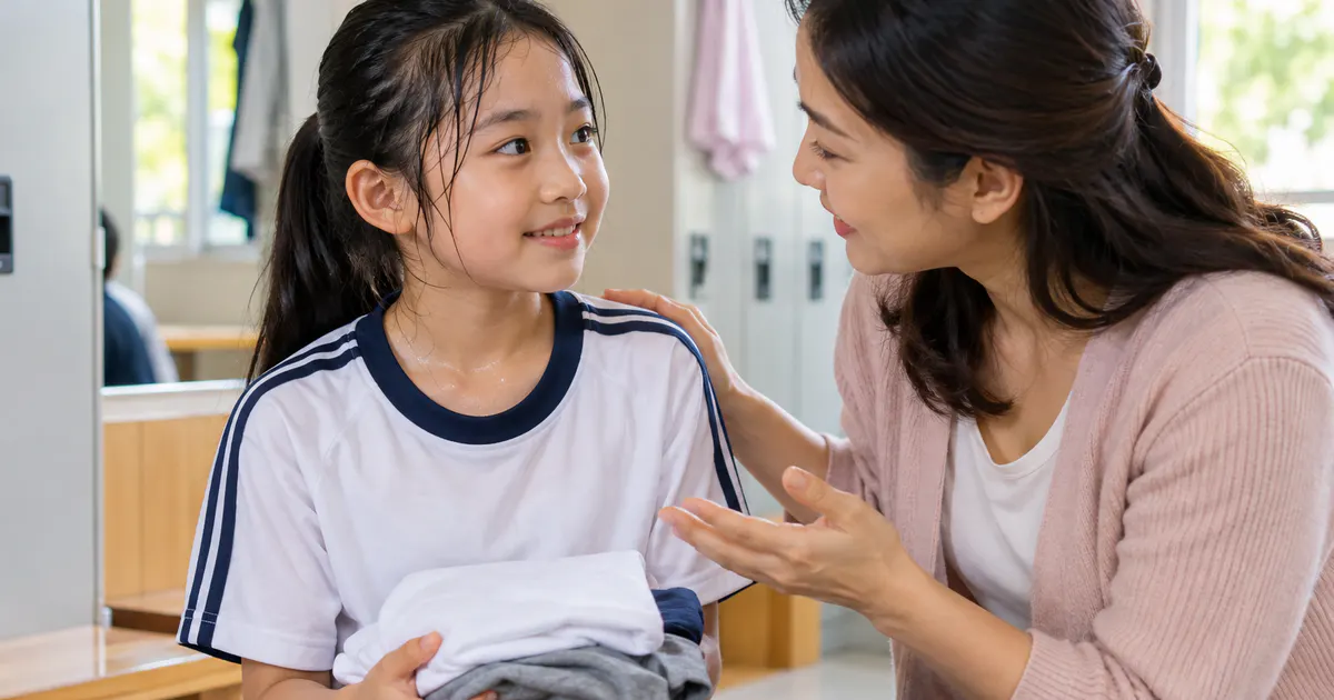 Mẹ hướng dẫn vệ sinh vùng kín cho bé gái sau giờ thể dục ở trường