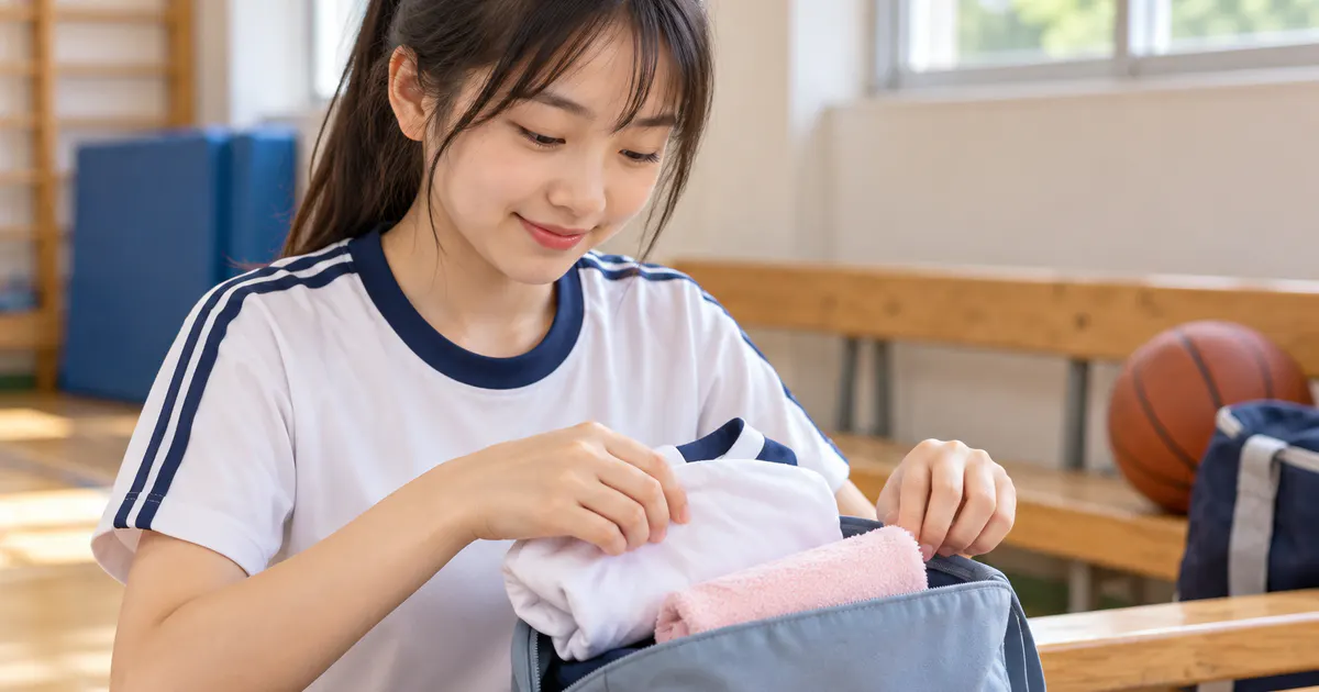Bé gái chuẩn bị quần áo khô và khăn cá nhân trước giờ học thể dục