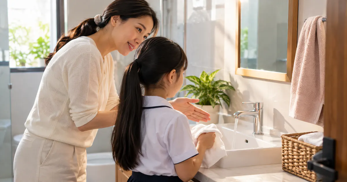 Mẹ hướng dẫn bé gái dùng khăn sạch tại bồn rửa ở nhà
