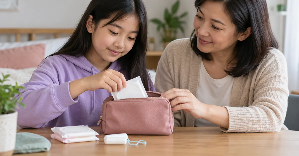 Bé gái cùng cha mẹ chuẩn bị túi vật dụng kín đáo cho kỳ kinh đầu tiên